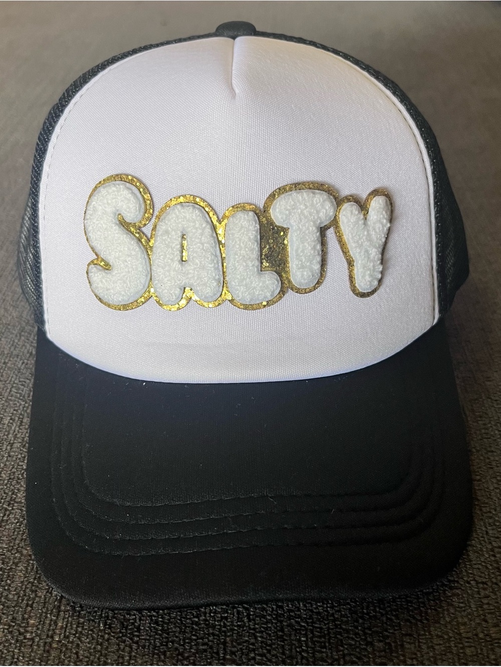 Salty Trucker Hat - White & Black with Gold Trim NEW
